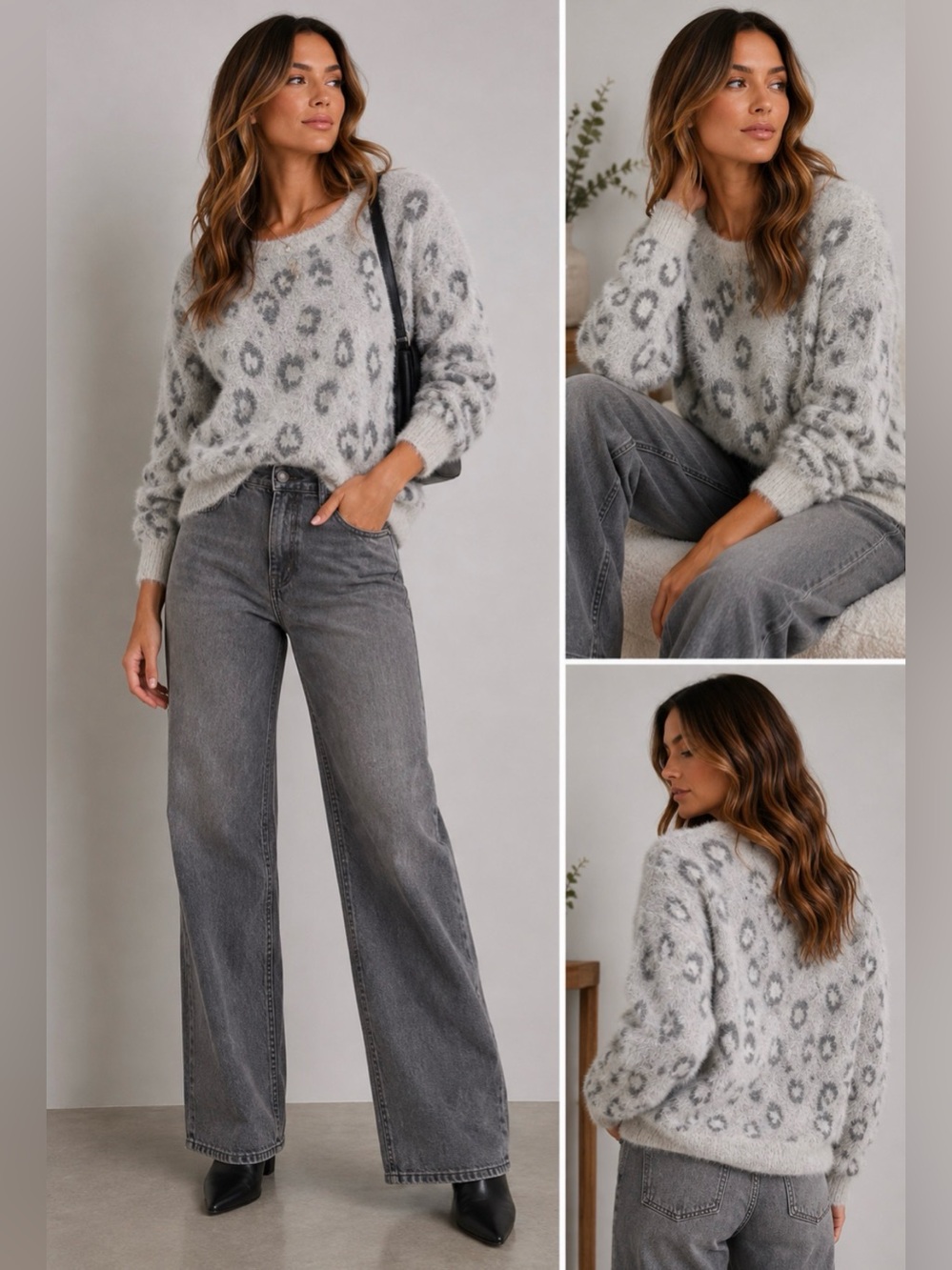 Grace & Lace Leopard Print Fuzzy Sweater Soft Knit Grey Size M